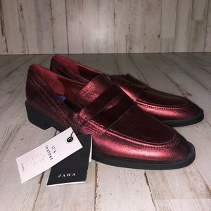 Zara Metallic Burgundy Leather Loafers